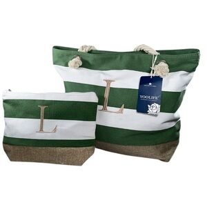 NWT Yoolife Large Canvas  Personalized Beach Tote and Small Pouch Burlap Bottom